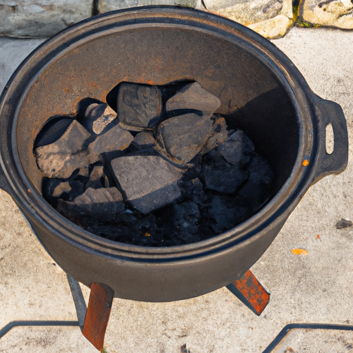 A cast iron Dutch oven placed on hot charcoal briquettes, ready for outdoor cooking.